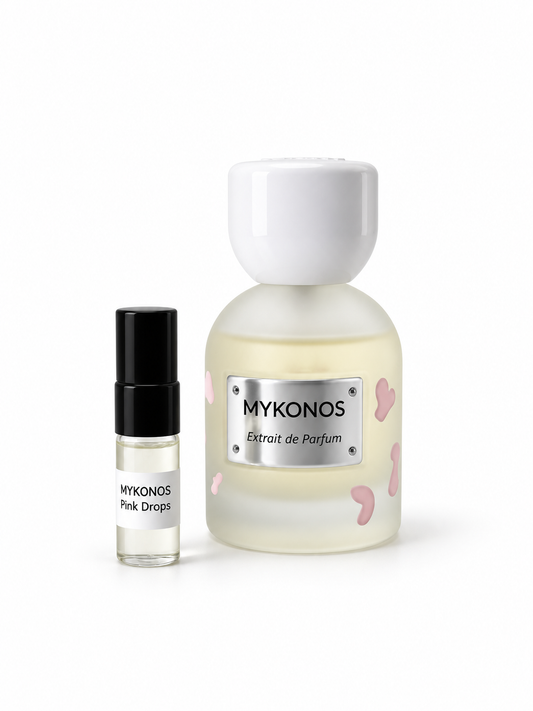 Mykonos Pink Drops fragrance bottle and black-capped sample vial on white