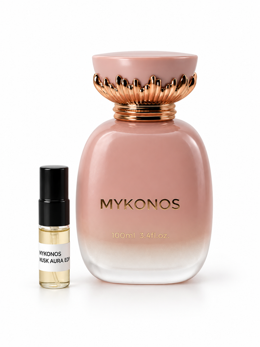 Mykonos Musk Aura fragrance bottle and black-capped sample vial on white