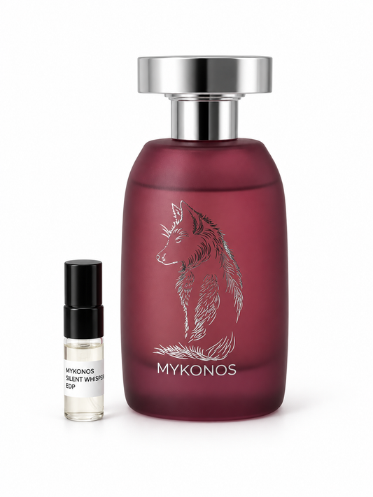 Mykonos Silent Whisper fragrance bottle and black-capped sample vial on white