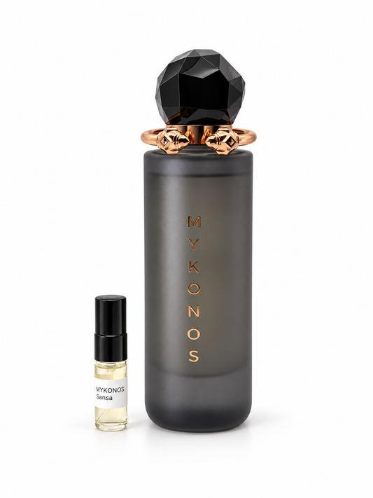 Mykonos Sansa fragrance bottle and black-capped sample vial on white