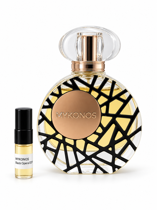 Mykonos Black Opera fragrance bottle and black-capped sample vial on white
