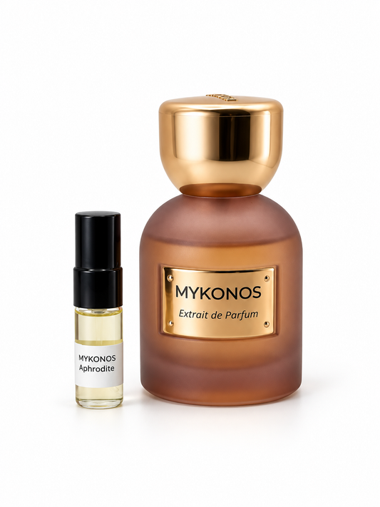 Mykonos Aphrodite fragrance bottle and black-capped sample vial on white