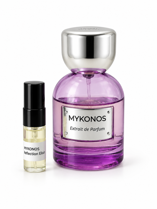 Mykonos Reflection Elixir fragrance bottle and black-capped sample vial on white