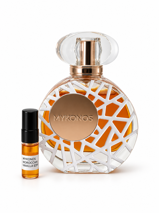 Mykonos Moroccan Vanilla fragrance bottle and black-capped sample vial on white