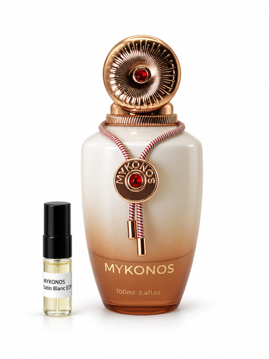 Mykonos Satin Blanc fragrance bottle and black-capped sample vial on white