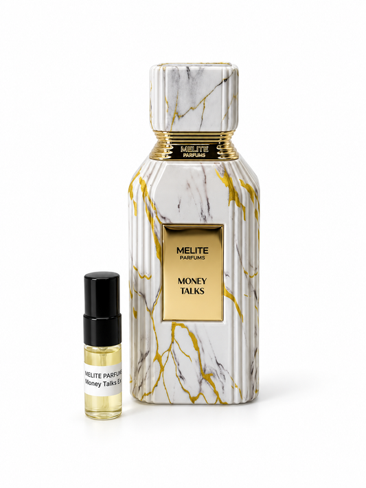Melite Parfums Money Talks fragrance bottle and black-capped sample vial on white