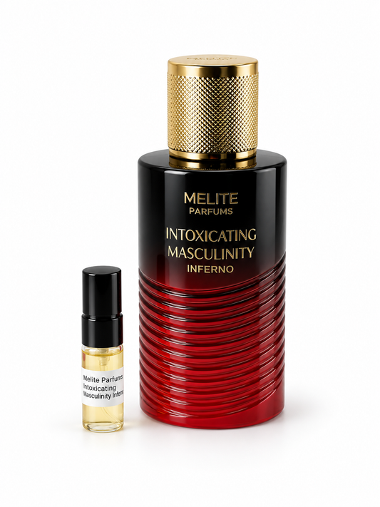 Melite Parfums Intoxicating Masculinity Inferno fragrance bottle and black-capped sample vial on white