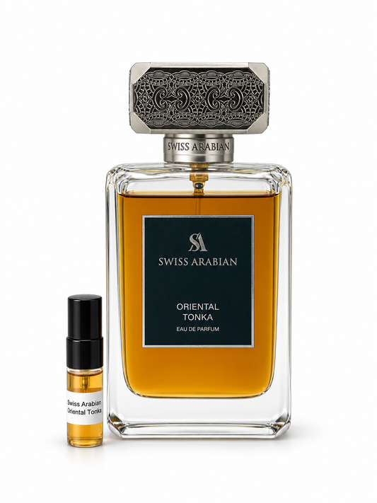 Swiss Arabian Oriental Tonka fragrance bottle and black-capped sample vial on white