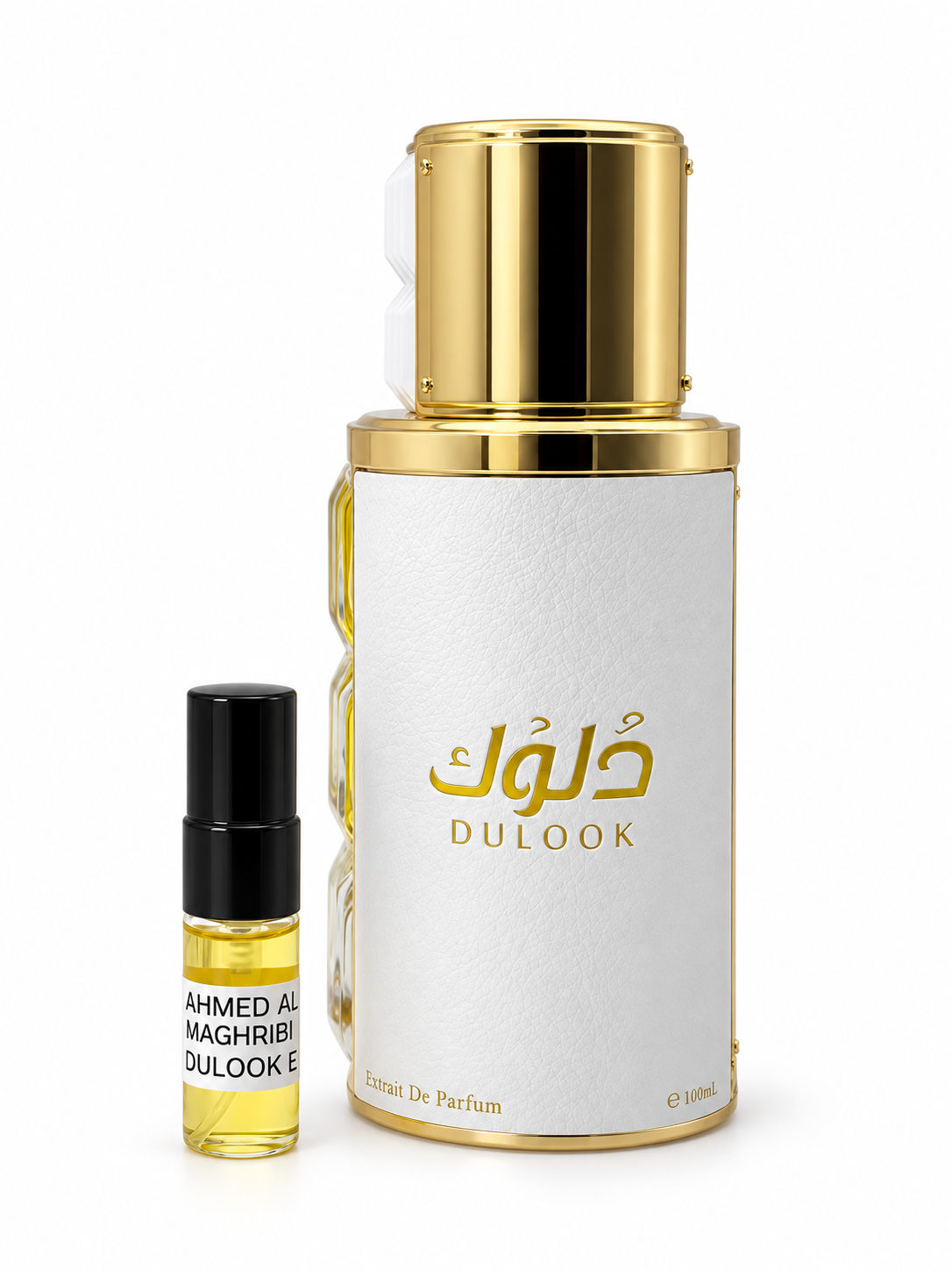 Ahmed Al Maghribi Dulook fragrance bottle and black-capped sample vial on white
