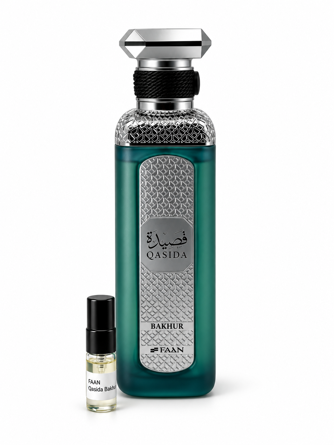 Faan Qasida Bakhur fragrance bottle and black-capped sample vial on white