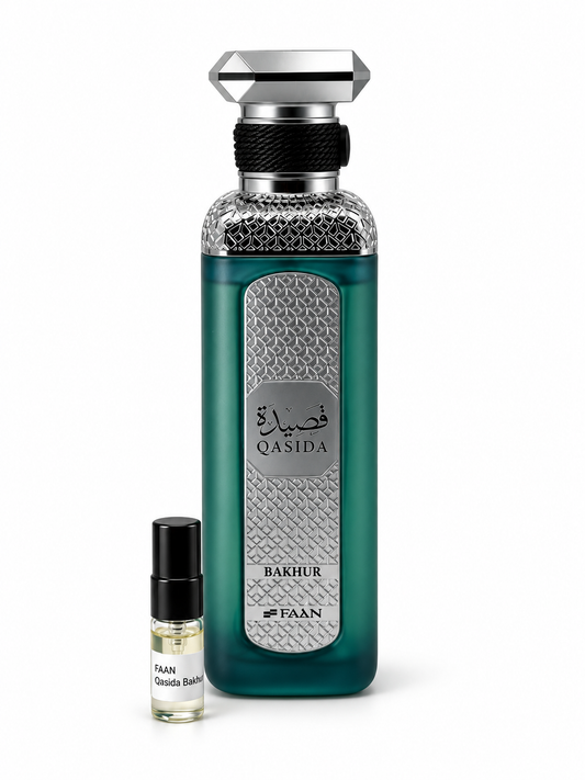 Faan Qasida Bakhur fragrance bottle and black-capped sample vial on white