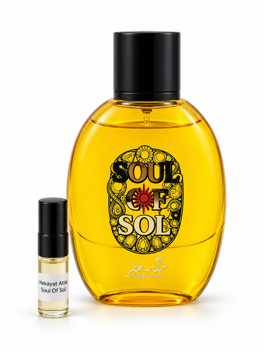 Hekayat Attar Soul Of Sol fragrance bottle and black-capped sample vial on white