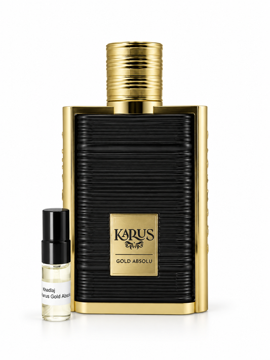 Khadlaj Karus Gold Absolu fragrance bottle and black-capped sample vial on white