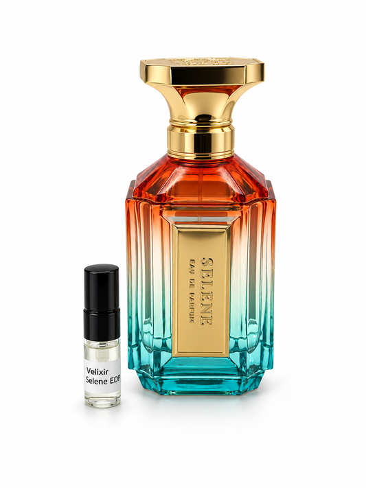 Velixir Selene fragrance bottle and black-capped sample vial on white