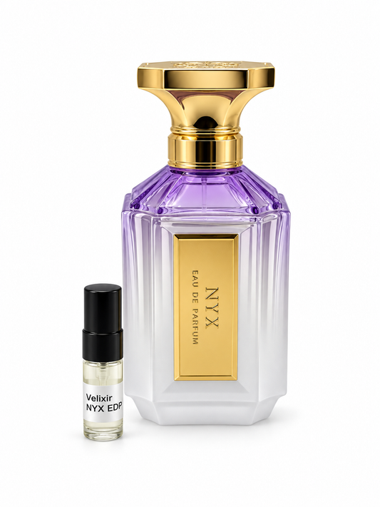 Velixir Nyx fragrance bottle and black-capped sample vial on white