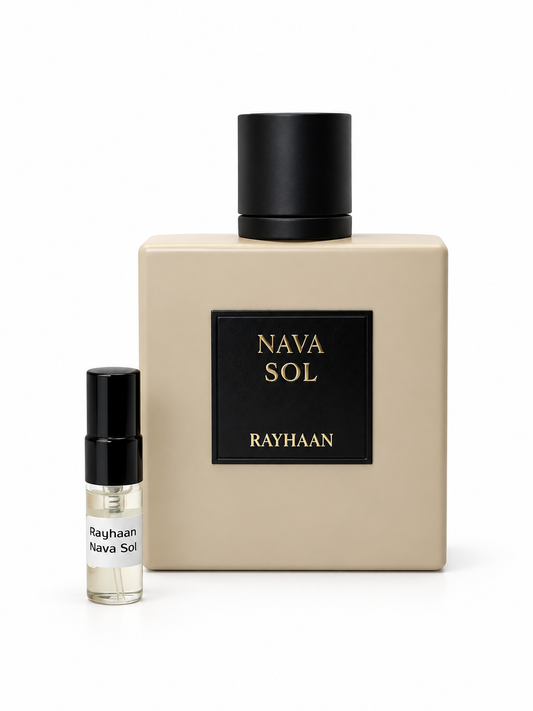 Rayhaan Nava Sol fragrance bottle and black-capped sample vial on white