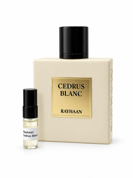 Rayhaan Cedrus Blanc fragrance bottle and black-capped sample vial on white