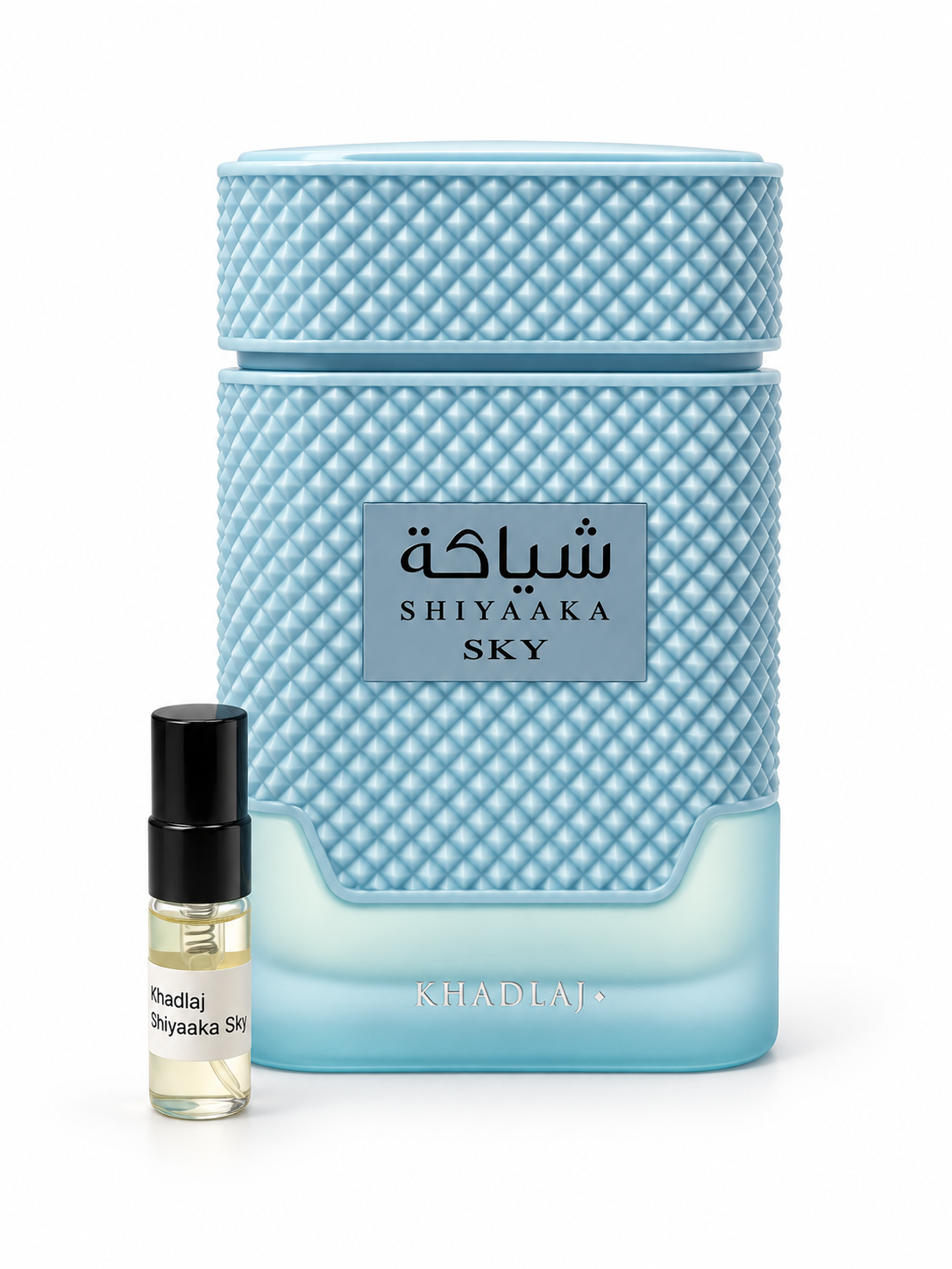 Khadlaj Shiyaaka Sky fragrance bottle and black-capped sample vial on white