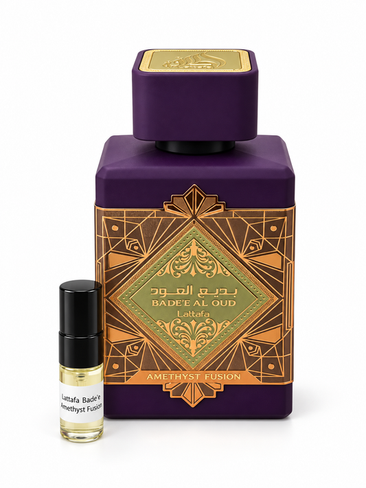 Lattafa Badee Al Oud Amethyst Fusion fragrance bottle and black-capped sample vial on white