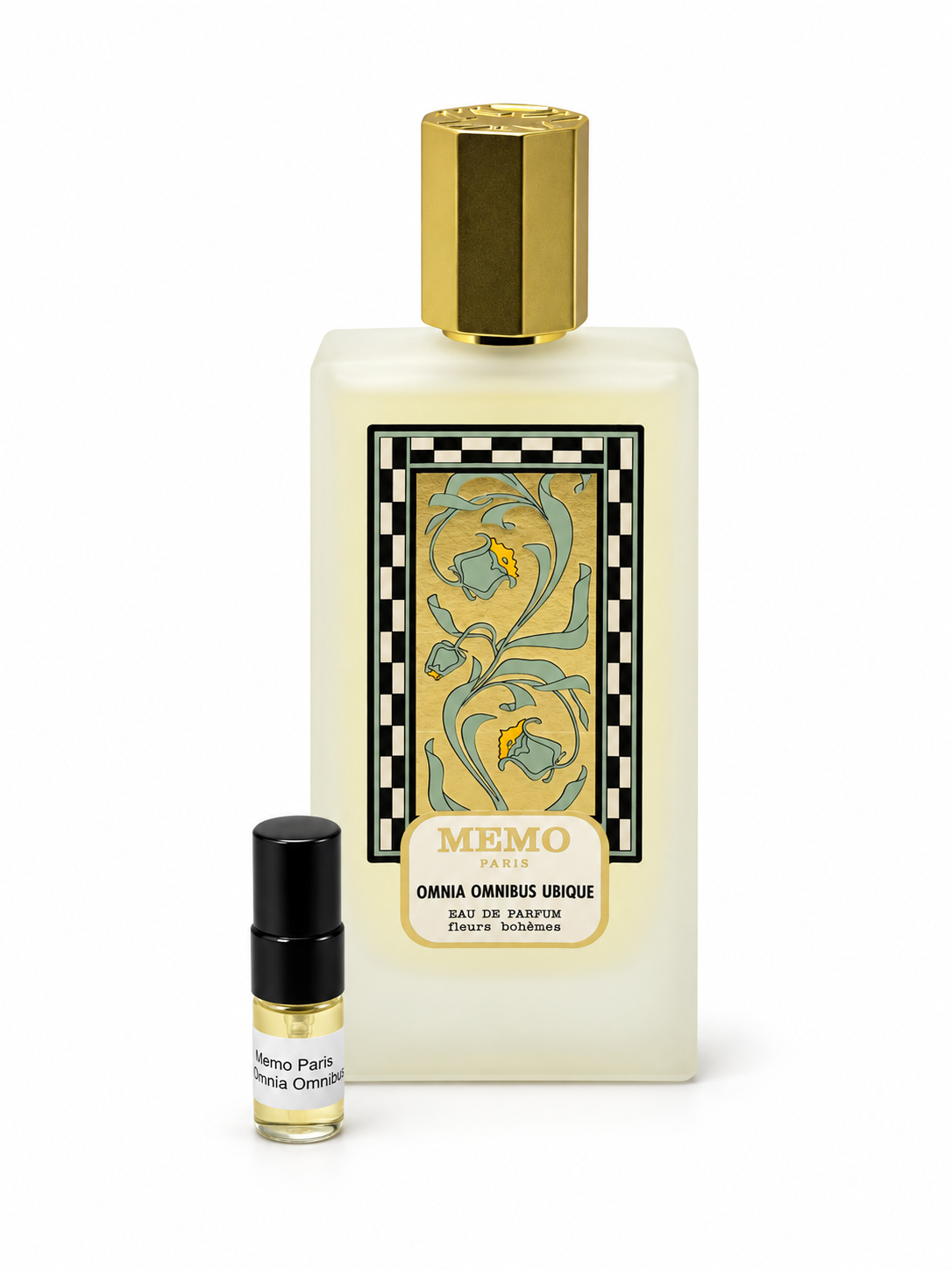 Memo Paris Omnia Omnibus Ubique fragrance bottle and black-capped sample vial on white