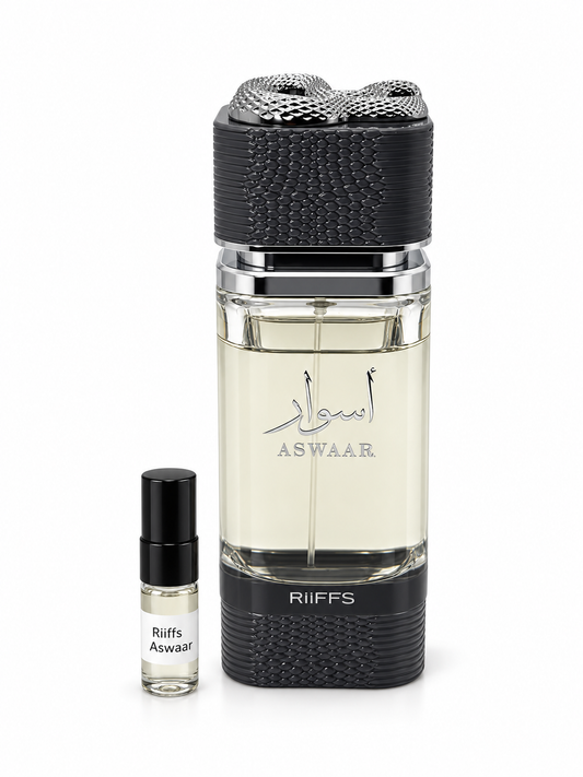 Riiffs Aswaar fragrance bottle and black-capped sample vial on white
