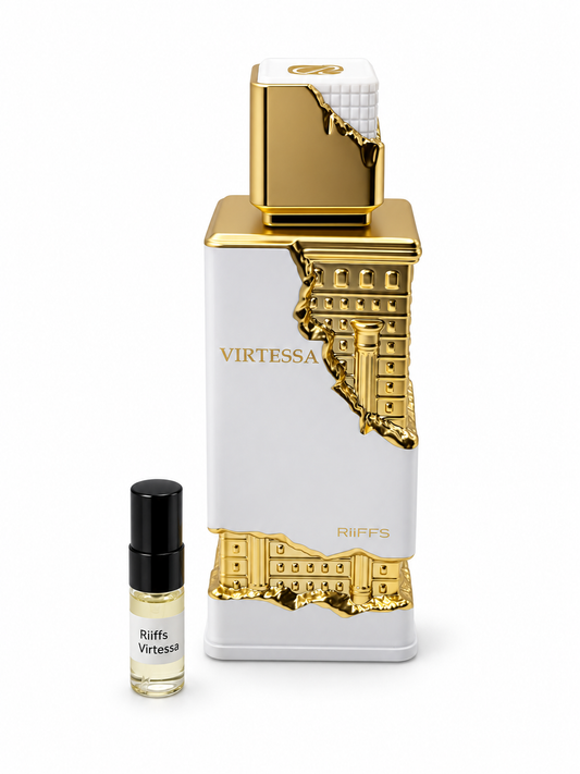 Riiffs Virtessa fragrance bottle and black-capped sample vial on white