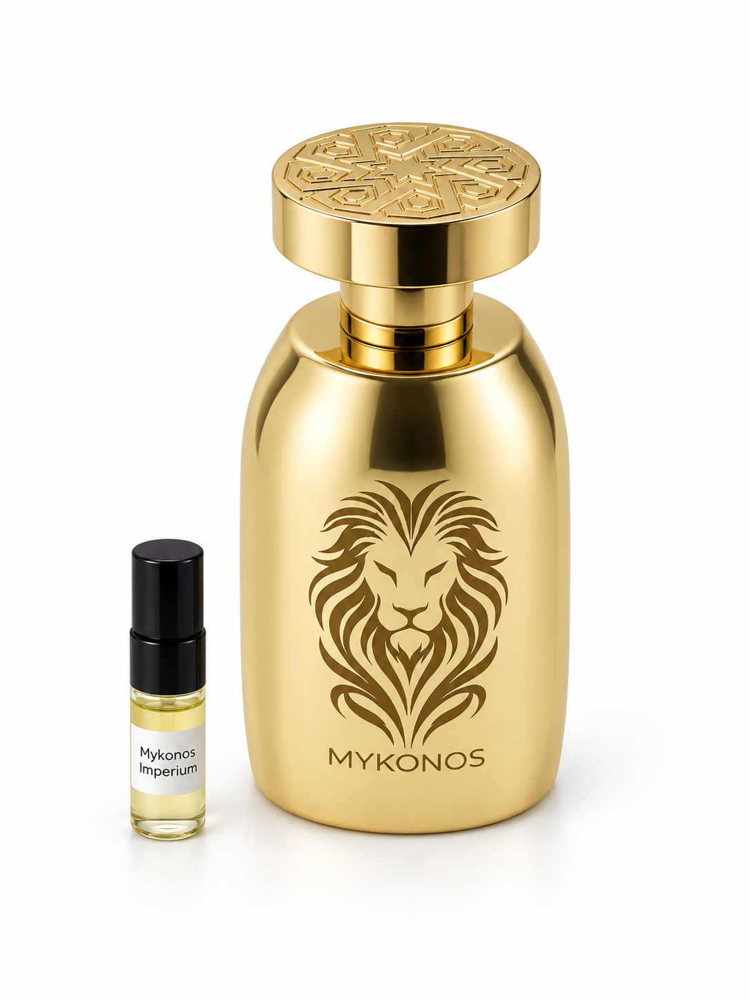 Mykonos Imperium fragrance bottle and black-capped sample vial on white