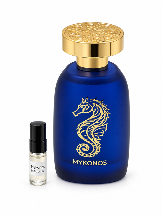 Mykonos Nautilus fragrance bottle and black-capped sample vial on white