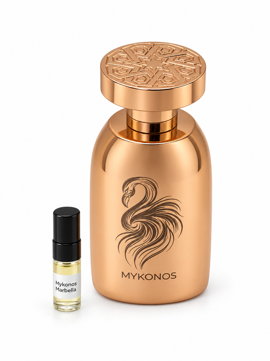 Mykonos Marbella fragrance bottle and black-capped sample vial on white