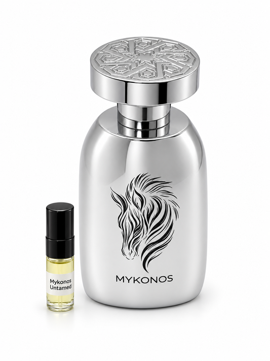Mykonos Untamed fragrance bottle and black-capped sample vial on white