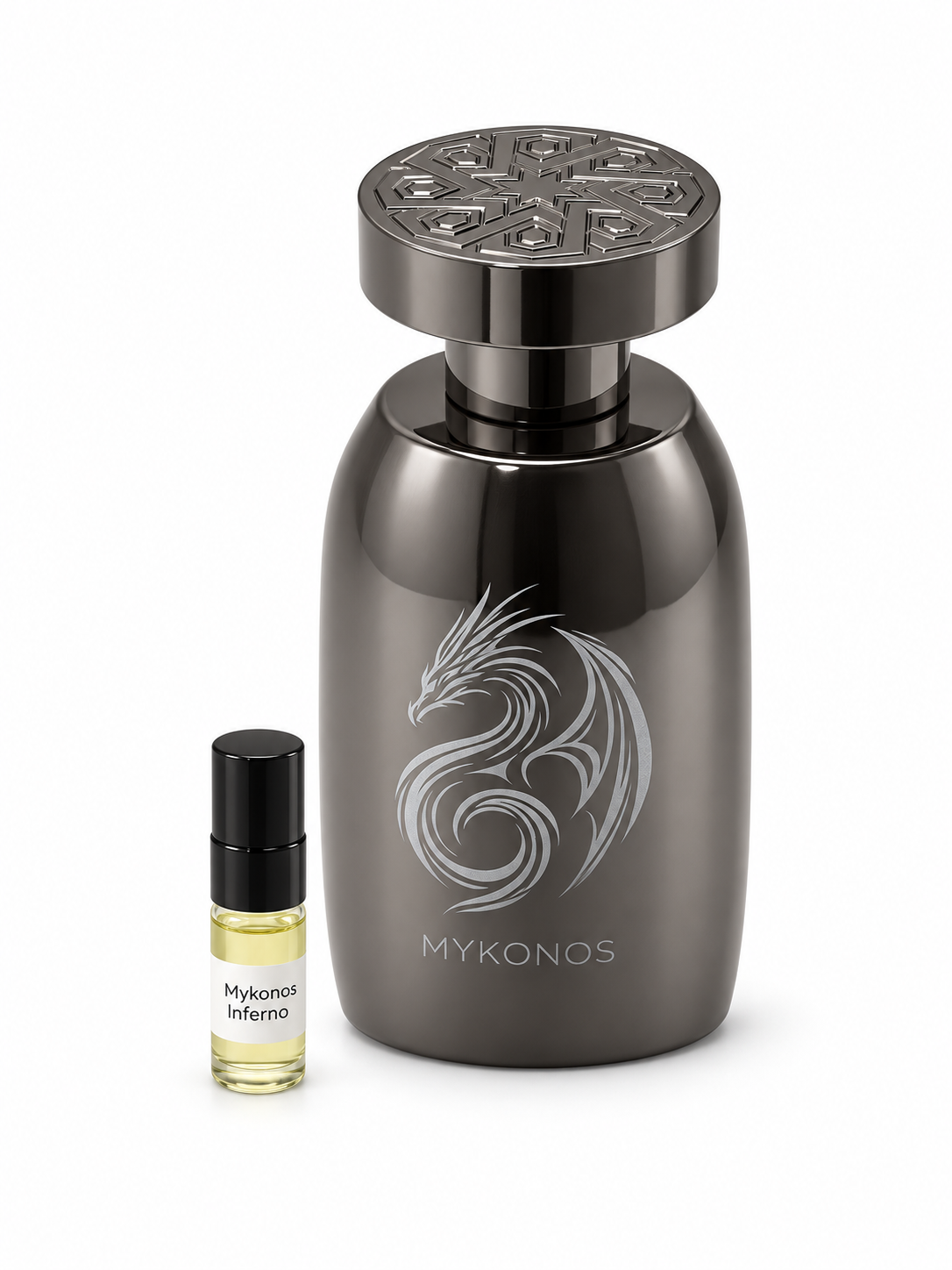 Mykonos Inferno fragrance bottle and black-capped sample vial on white