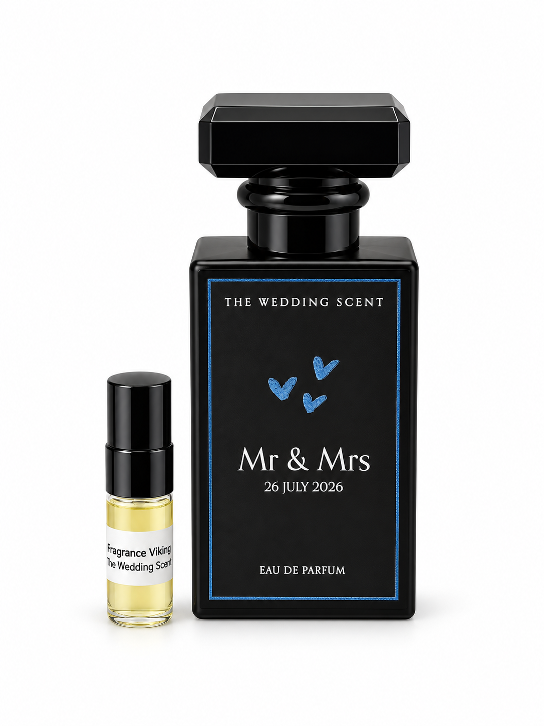 Fragrance Viking The Wedding Scent fragrance bottle and black-capped sample vial on white