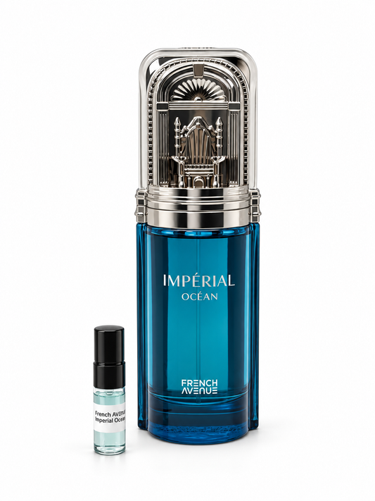French Avenue Imperial Ocean fragrance bottle and black-capped sample vial on white