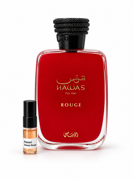 Rasasi Hawas Rouge fragrance bottle and black-capped sample vial on white