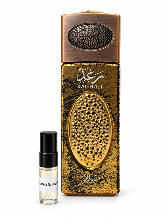 Lattafa Raghad fragrance bottle and black-capped sample vial on white