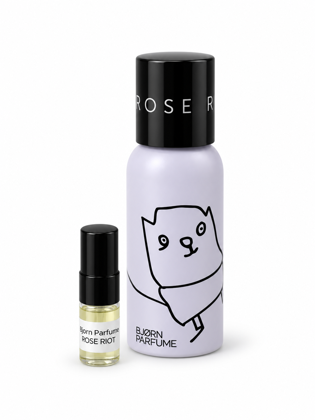 Bjorn Rose Riot fragrance bottle and black-capped sample vial on white