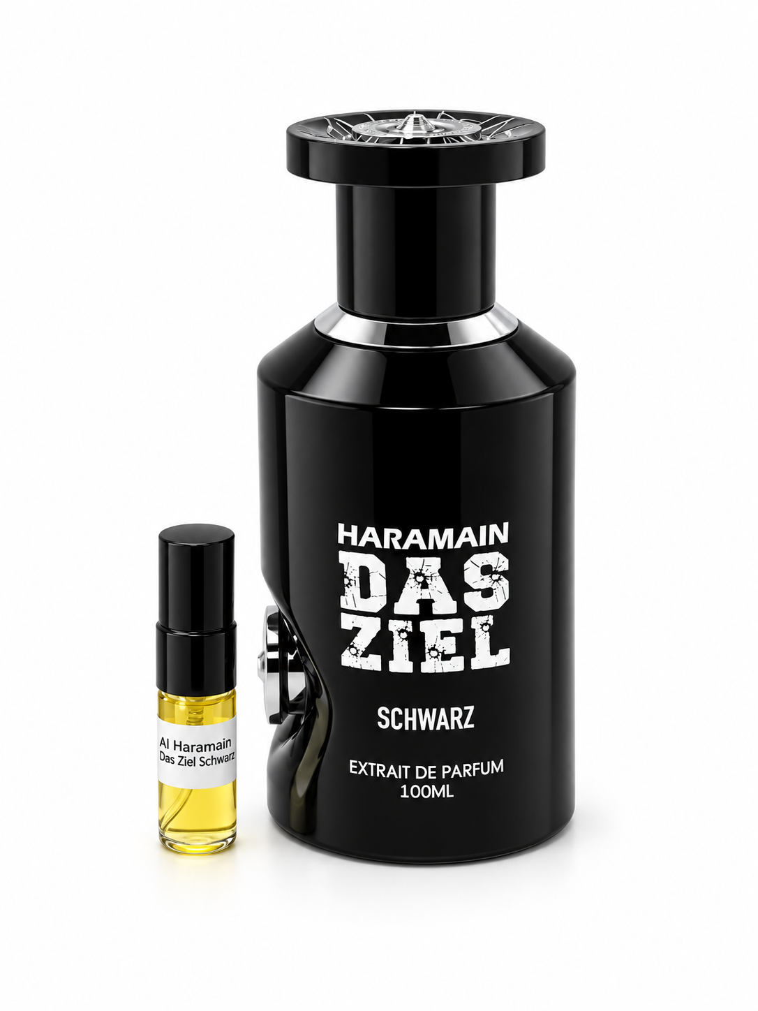 Al Haramain Das Ziel Schwarz fragrance bottle and black-capped sample vial on white
