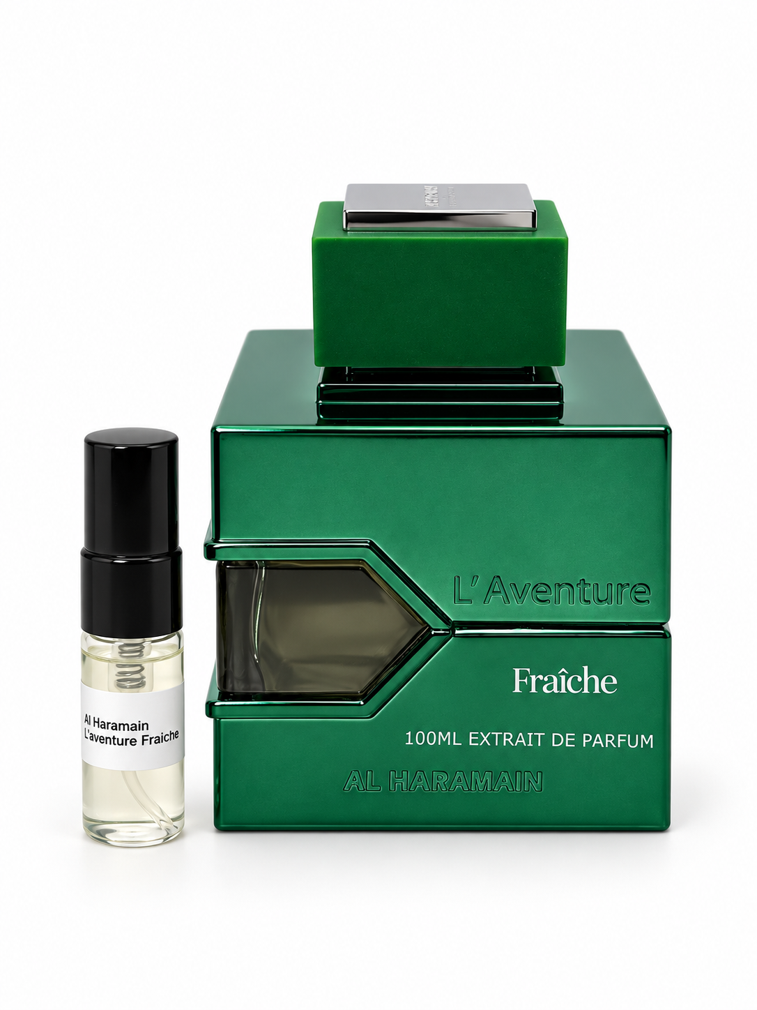 Al Haramain L'aventure Fraiche fragrance bottle and black-capped sample vial on white