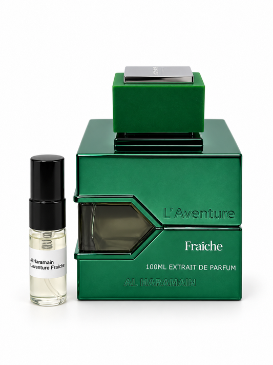 Al Haramain L'aventure Fraiche fragrance bottle and black-capped sample vial on white