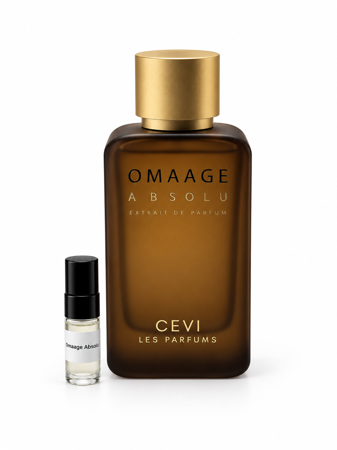 Cevi Omaage Absolu fragrance bottle and black-capped sample vial on white