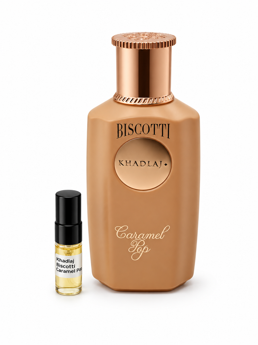 Khadlaj Biscotti Caramel Pop fragrance bottle and black-capped sample vial on white