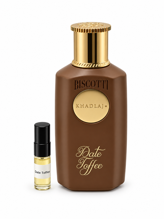 Khadlaj Biscotti Date Toffee fragrance bottle and black-capped sample vial on white