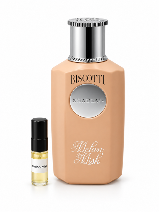 Khadlaj Biscotti Melon Misk fragrance bottle and black-capped sample vial on white