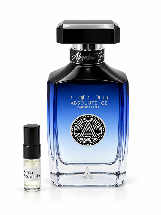 Atralia Absolute Ice fragrance bottle and black-capped sample vial on white