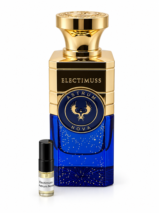 Electimuss Astrum Nova fragrance bottle and black-capped sample vial on white
