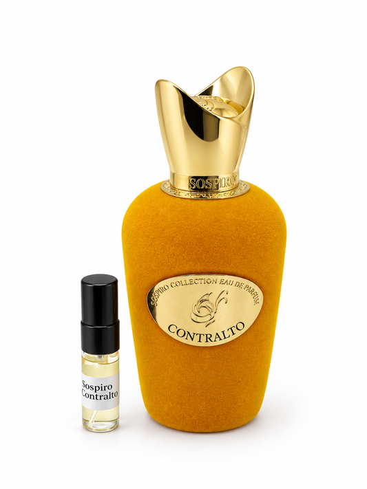 Sospiro Contralto fragrance bottle and black-capped sample vial on white