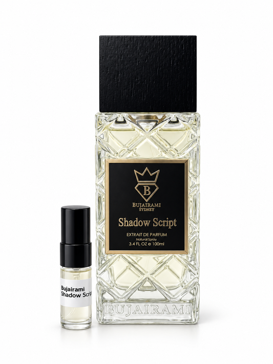 Bujairami Shadow Script fragrance bottle and black-capped sample vial on white