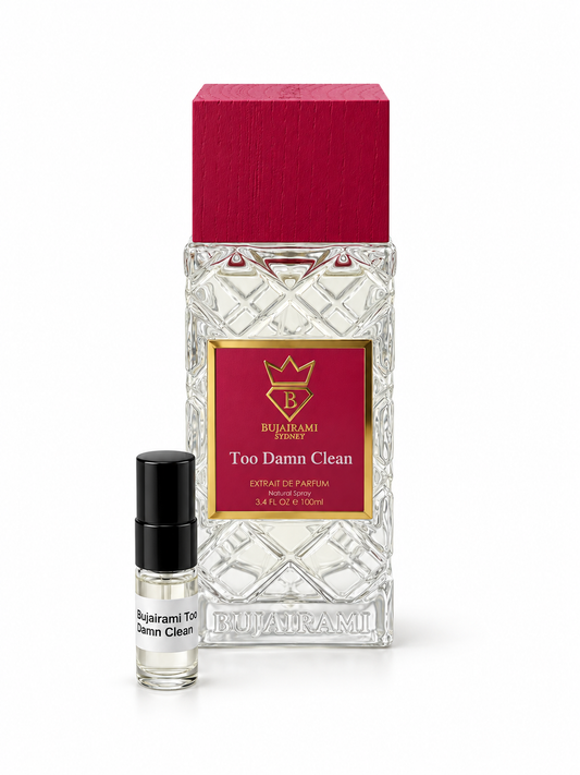 Bujairami Too Damn Clean fragrance bottle and black-capped sample vial on white