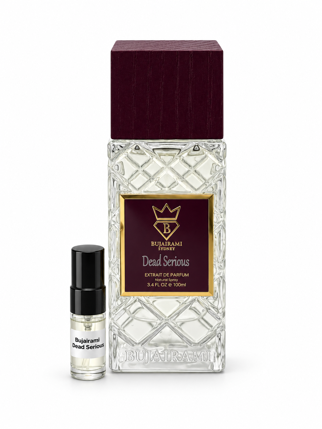 Bujairami Dead Serious fragrance bottle and black-capped sample vial on white