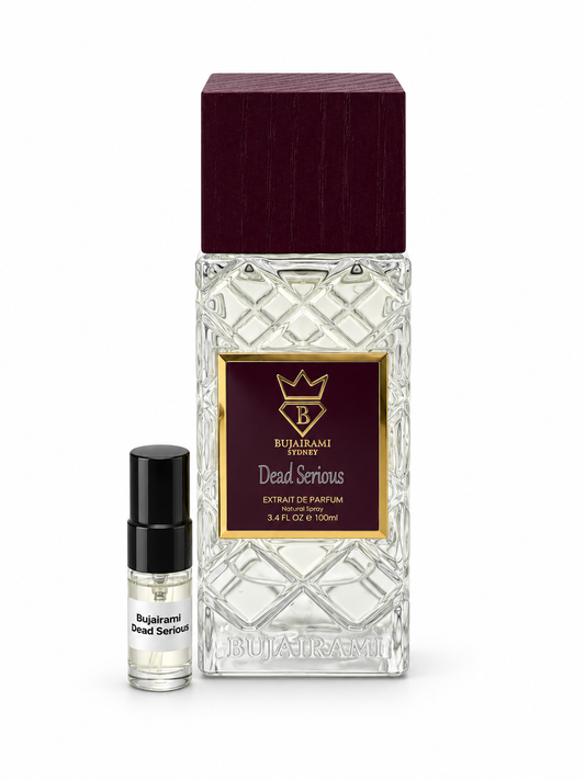 Bujairami Dead Serious fragrance bottle and black-capped sample vial on white